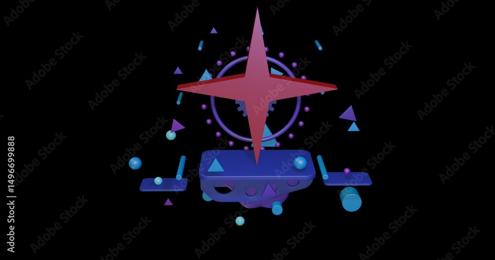 Poster red star symbol on a pedestal of abstract geometric shapes floating in the air. abstract concept art