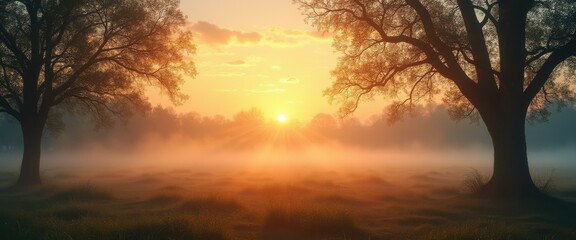 Naklejka premium Peaceful Sunrise over a Foggy Meadow with Silhouetted Trees - Serene Landscape