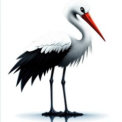 Elegant White Stork Illustration with Detailed Feathers and a Striking Red Beak on a Clean Background