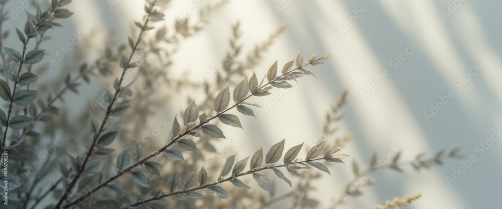 Poster serene branches with textured leaves in soft sunlight