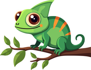 Cute Cartoon Chameleon with Big Eyes Sitting on Tree Branch with Leaves – Adorable Green Reptile Vector for Kids and Stickers