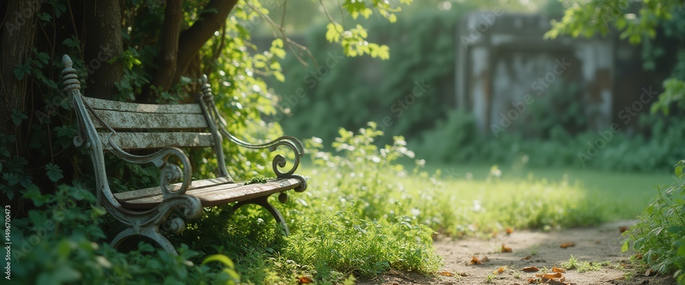 Aufkleber rustic bench sits under a shady tree in a sunlit garden, inviting rest and contemplation amidst lush