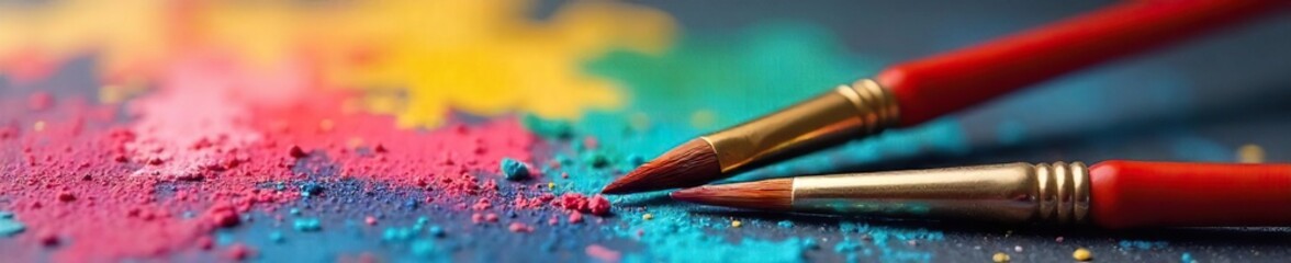 Fototapeta premium Two paintbrushes poised near a vibrant canvas, a palette of colors nearby, suggesting a lively artistic dialogue , canvas, conversation, contemporary art