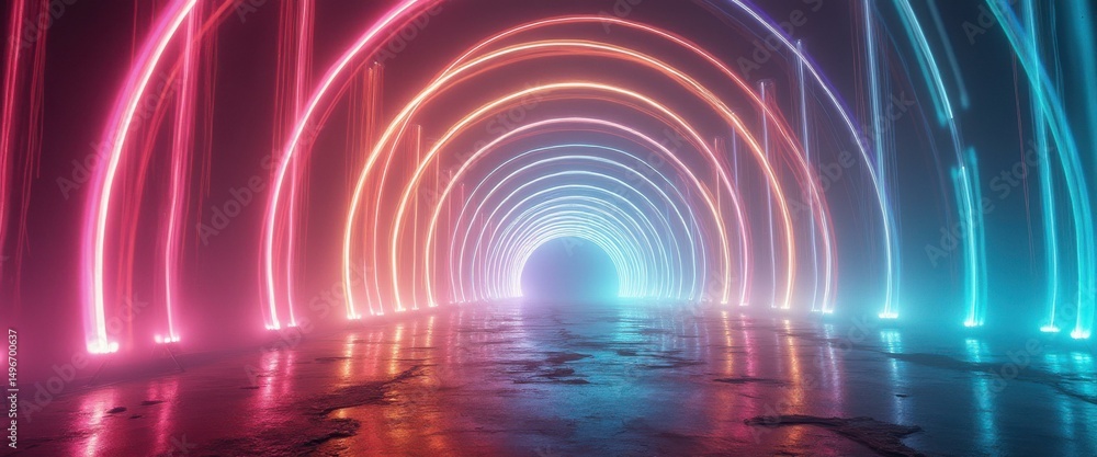 Aufkleber Tunnel of Neon Arches with Reflected Light on a Wet Surface