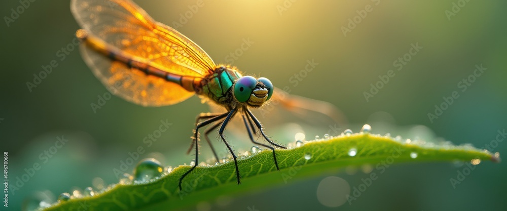 Aufkleber dragonfly perched on leaf with dew drops in golden light