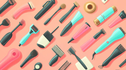 Naklejka premium Illustrated collection of hair styling tools in use, such as dryers and curling irons, representing daily grooming and self-care