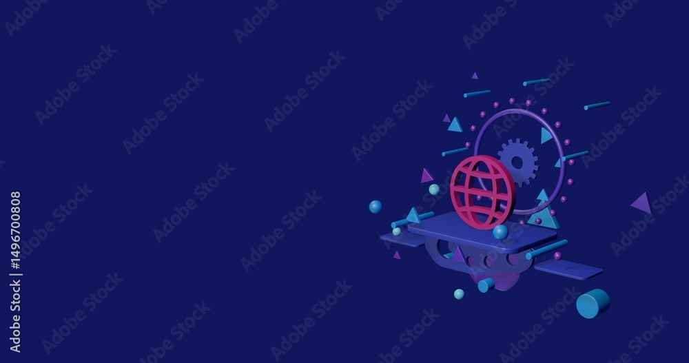 Poster pink web symbol on a pedestal of abstract geometric shapes floating in the air. abstract concept art