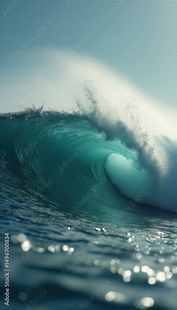 Poster A Massive and Powerful Ocean Wave Creating a Barrel Shape with Splashing Water under Bright Sky