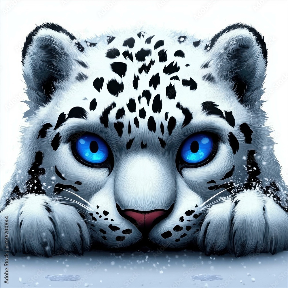 Aufkleber mesmerizing portrait of a snow leopard with intense blue eyes resting its paws on a snowy surface, c
