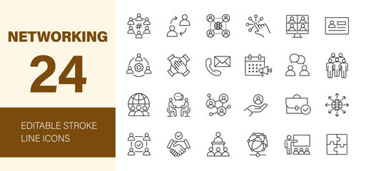 Naklejka premium Networking icon set. Containing network, connection, relationship, online networking, community, event, social network and more. Editable line icons. Vector illustration. 