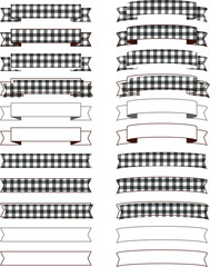 A simple ribbon frameset with a gingham check ornament and decoration black / シンプルなリボンフレームセット ギンガムチェック 飾り 装飾 枠 バナー デザイン 黒 ブラック モノクロ