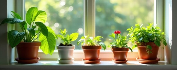 Stylish potted plants arranged on a windowsill , home styling, decorating