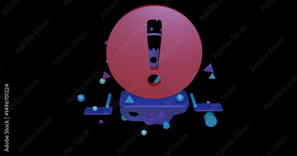 Poster red attention symbol on a pedestal of abstract geometric shapes floating in the air. abstract concep