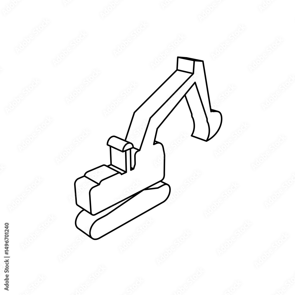 Poster the outline of a large excavator symbol is made with black lines. 3d view of the object in perspecti