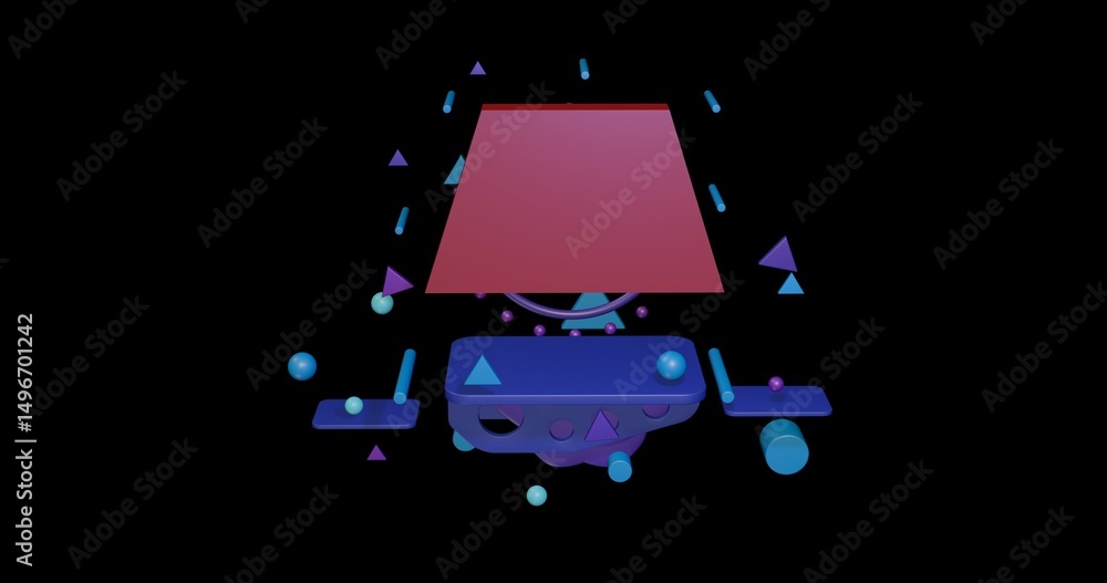 Poster red trapezoid symbol on a pedestal of abstract geometric shapes floating in the air. abstract concep
