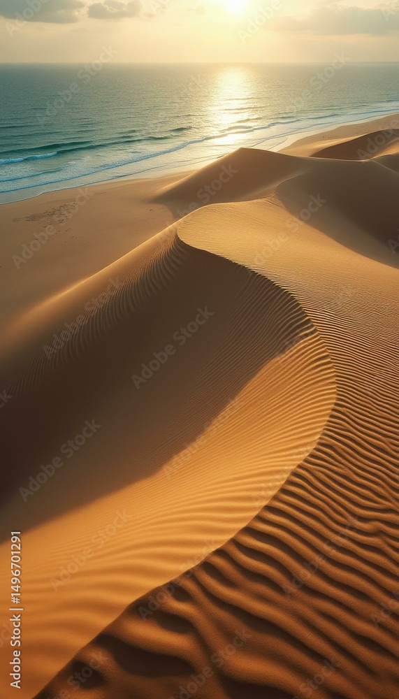 Poster Serene dunes meeting the ocean at golden hour, creating textured patterns in sand