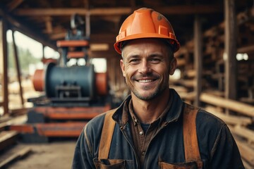 Confident worker with a smile, posed by machinery in the wood processing industry.

