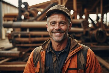 Portrait of a cheerful worker next to heavy equipment at a lumber mill.

