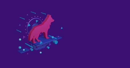 Fototapeta premium Pink wolf symbol on a pedestal of abstract geometric shapes floating in the air. Abstract concept art with flying shapes on the left. 3d illustration on deep purple background
