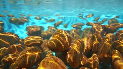 Obraz premium Sunlit riverbed, underwater scene with golden stones.