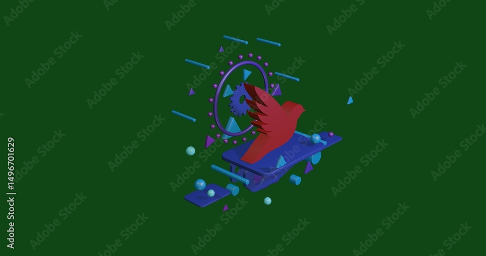 Poster red bird symbol on a pedestal of abstract geometric shapes floating in the air. abstract concept art