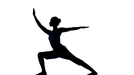 A woman performing the warrior pose (Virabhadrasana) in silhouette  isolated on Transparent Background