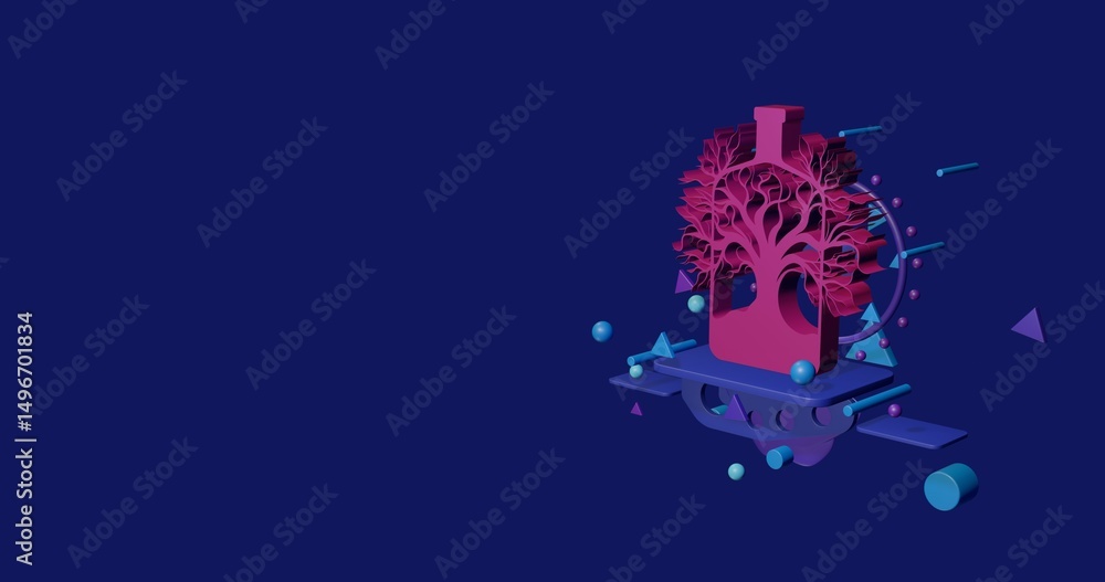 Poster pink mystical tree in bottle symbol on a pedestal of abstract geometric shapes floating in the air. 