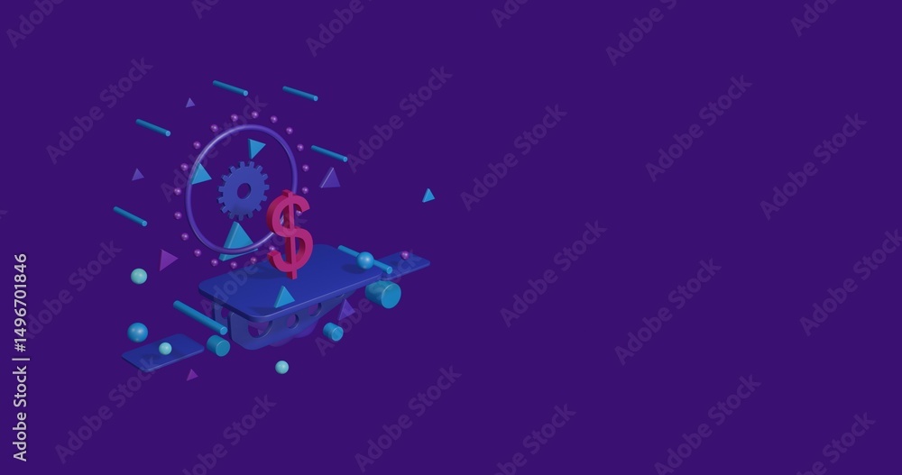 Poster pink dollar symbol on a pedestal of abstract geometric shapes floating in the air. abstract concept 