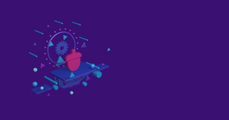 Naklejka premium Pink acorn symbol on a pedestal of abstract geometric shapes floating in the air. Abstract concept art with flying shapes on the left. 3d illustration on deep purple background