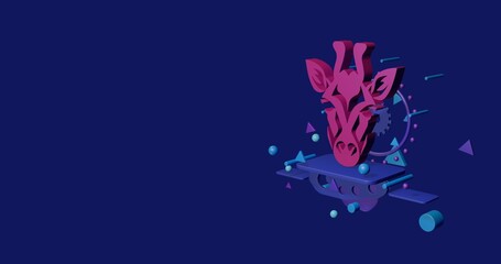 Pink giraffe head symbol on a pedestal of abstract geometric shapes floating in the air. Abstract concept art with flying shapes on the right. 3d illustration on indigo background