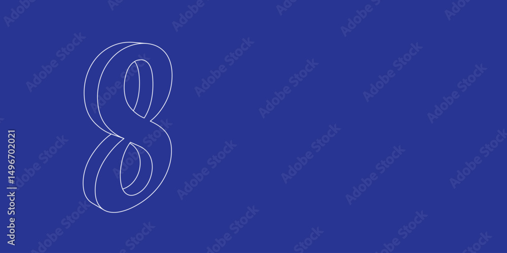Poster the outline of a large number eight symbol made of white lines on the left. 3d view of the object in