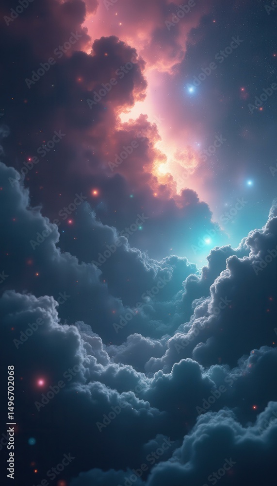 Fototapete dreamy celestial cloudscape with vibrant colors and sparkling stars creating a surreal and atmospher