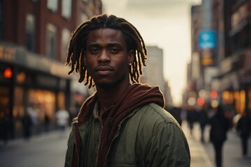 Stylish young Black man looking away from the camera, city life unfolding behind him.


