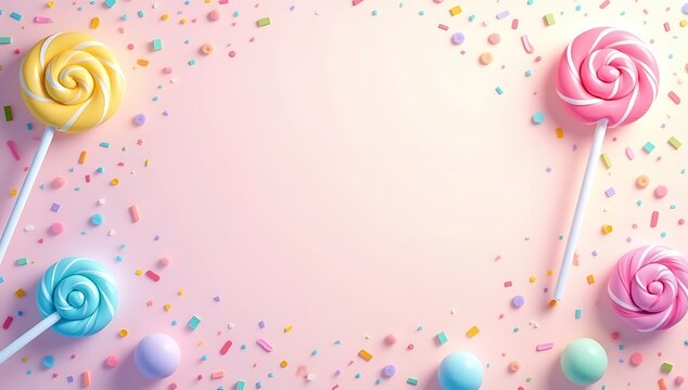 Vibrant candy-themed wallpaper with lollipops, gumdrops, sprinkles, and swirls over a dreamy pastel background &ndash; sweet fantasy vibe.

