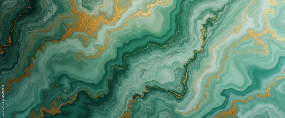 Poster abstract green and gold fluid art background texture of marble with dark green and white color swirl