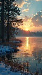 Fototapeta premium Lakeside winter dawn with sun rays reflecting on water amid snow-covered banks and coniferous trees.