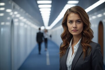 Confident female professional captured in a sleek, sci-fi inspired hallway, eyes fixed on the camera.

