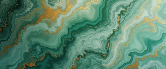 Obraz premium Abstract green and gold fluid art background texture of marble with dark green and white color swirls and gold leaf accents