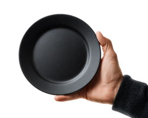 Hand Holding a Small Black Speckled Plate Against a Transparent Background, PNG
