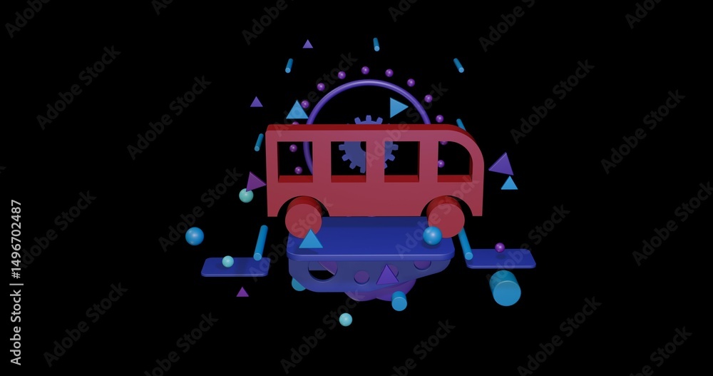 Poster red bus symbol on a pedestal of abstract geometric shapes floating in the air. abstract concept art 