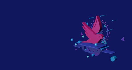Fototapeta premium Pink bird symbol on a pedestal of abstract geometric shapes floating in the air. Abstract concept art with flying shapes on the right. 3d illustration on indigo background