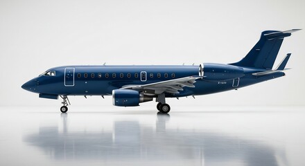 Naklejka premium 紺碧のジェット機 滑走路に輝く 上品なシルエット 静寂な朝. AI Generated