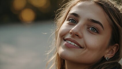 Young European female with a nose ring and hazel eyes, smiling as she looks to the sky.

