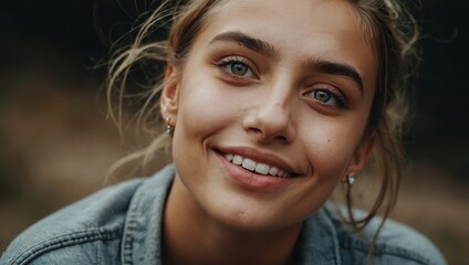 Upward-looking portrait of a cheerful European girl with hazel eyes and a subtle nose ring.

