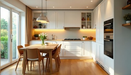 Fototapeta premium Cozy kitchen, built-in appliances, hardwood floors, hardwood, floors