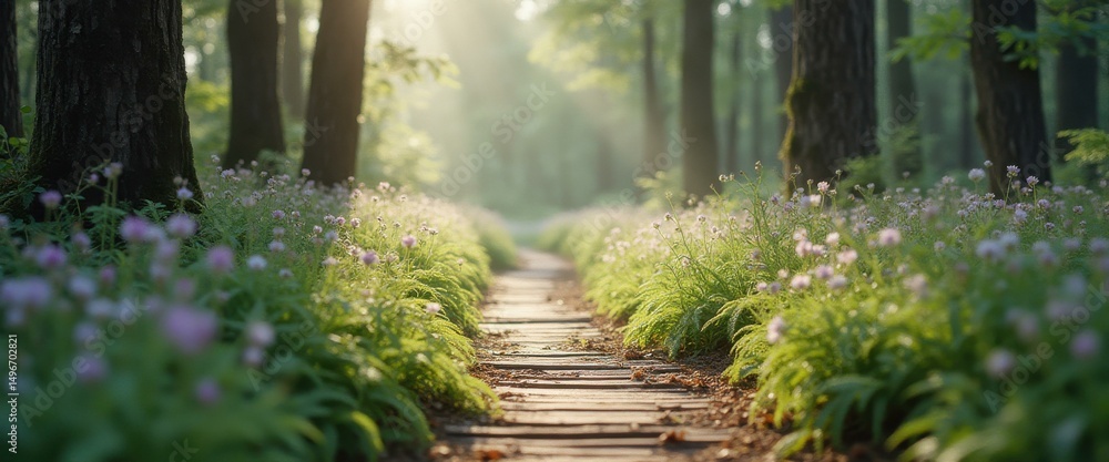 Aufkleber serene forest path with lush greenery and soft sunlight, ideal for nature-themed projects