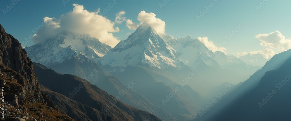 Poster high mountain range with snow-capped peaks bathed in sunlight, creating a serene and majestic alpine