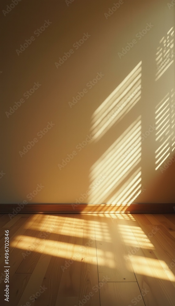 Poster light streaming through blinds casting shadows on a warm, beige wall and polished wooden floor in an