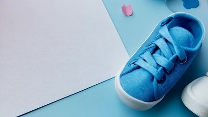 Elegant baby shower background with blank card balloons and baby shoes decoration