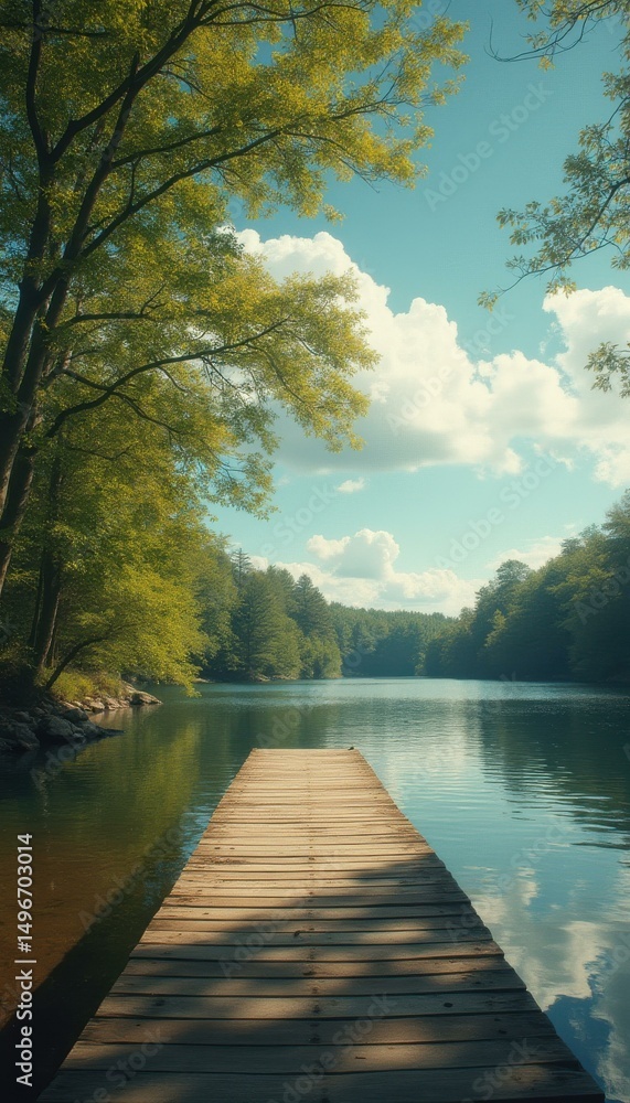 Aufkleber serene lake view with a wooden dock stretching into calm waters beneath a bright blue sky and fluffy